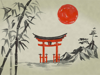 水彩和水墨插图的风格 sumi-e, u-sin.富士山,樱花,日落.日本太阳.