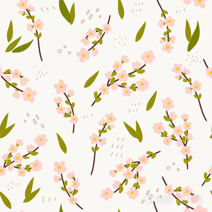 花无缝图案由手画的樱花花枝制成. 春天背景樱桃花.