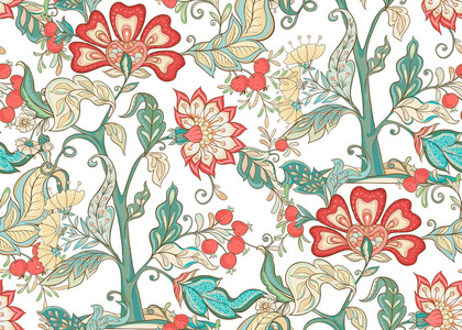 梦幻花无缝图案在雅可豆刺绣风格复古复古风格。 矢量插图在软珊瑚和绿松石颜色隔离在白色背景。