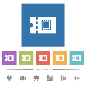 邮政折扣优惠券平面白色图标在方形背景。 包括6个奖金图标。