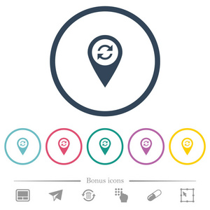 同步GPS地图定位平面颜色图标在圆形轮廓。 包括6个奖金图标。