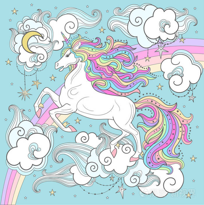 一只美丽的白色独角兽,在彩虹和云的背景上有一个长长的鬃毛.