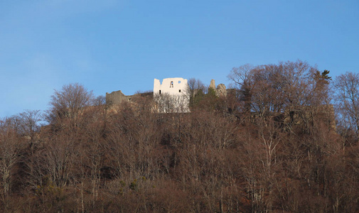 捷克共和国秋日山上有光秃秃的树的Hukvaldy城堡