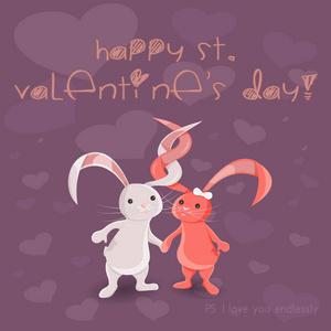 矢量插图圣瓦伦廷日与两个兔子，我爱你无尽。 恋爱中的夫妻双手握着紫色的背景，有很多心。 贺卡模板明信片横幅传单海报等