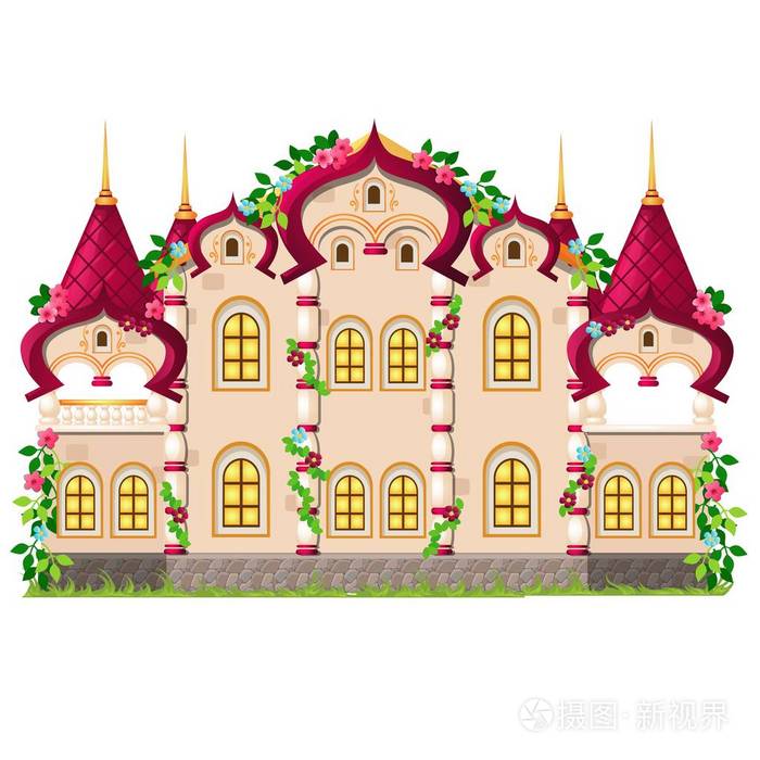 童话城堡以在白色背景上被隔离的花朵欢庆地装饰.向量动画片特写例证