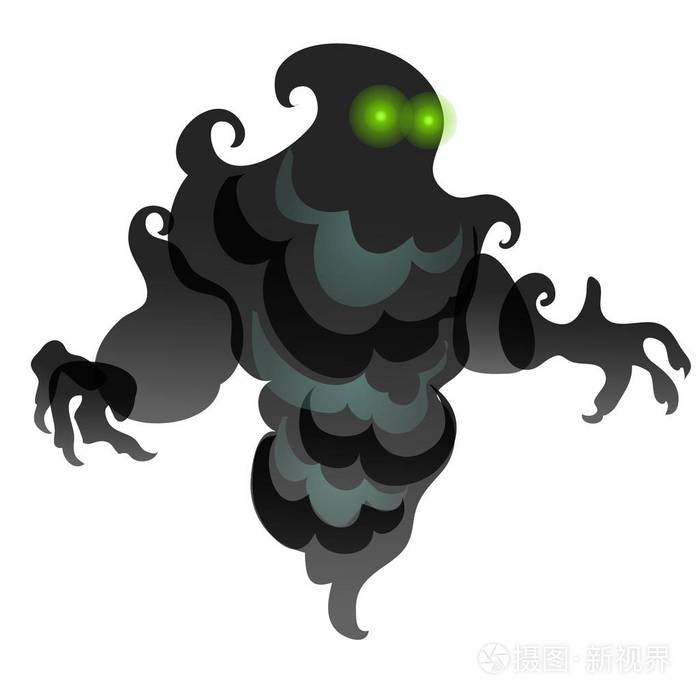 黑色幽灵以烟雾云的形式出现在白色背景上隔离着明亮的眼睛向量动画片