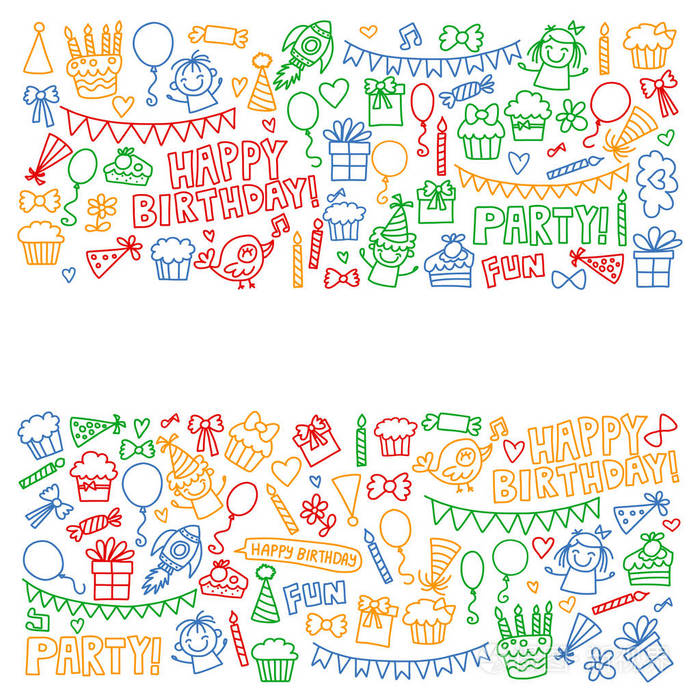 小幼儿园小学生生日聚会的矢量模式儿童绘画涂鸦风格