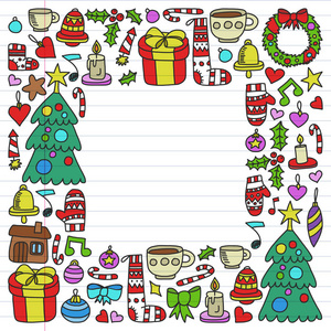 矢量集的圣诞节, 节日图标在涂鸦风格。在白色背景的一张线性纸上画, 五颜六色, 图片