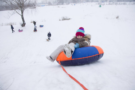 快乐的孩子度假。 冬天的乐趣和游戏。小男孩享受雪橇。孩子们在雪地里户外玩。 冬天孩子们在阿尔卑斯山的山上雪橇