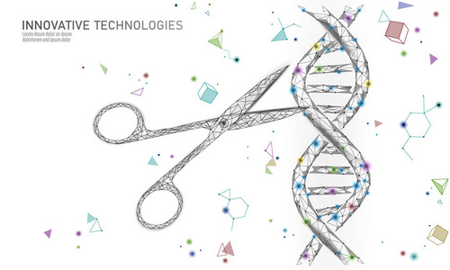 dna 3d 结构编辑医学概念。低聚多边形三角基因治疗遗传病。gmo 工程 crispr cas9 创新现代科技旗帜向量插图