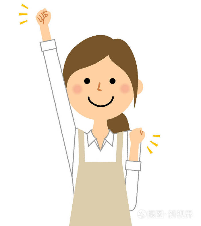 穿围裙的女人胜利暂停穿围裙的女人是玩胜利姿势的插图
