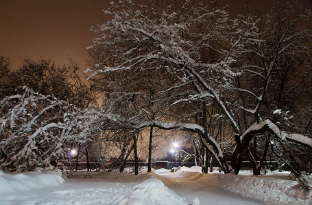 冬天晚上的雪道和路灯