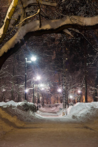 冬天晚上的雪道和路灯