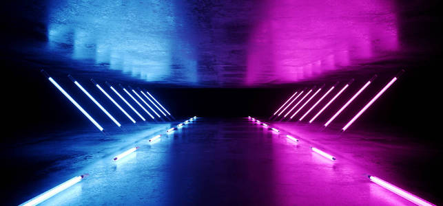 霓虹灯发光三角形S CIFI未来现代优雅紫外线阶段长隧道道路与紫蓝色灯空空间在格栅反射混凝土3渲染插图。