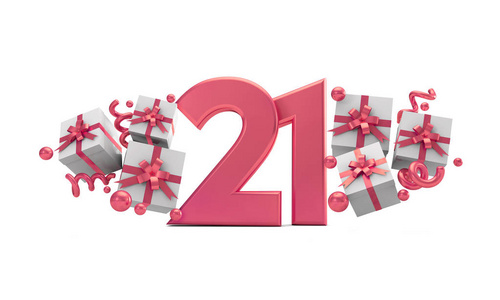 号码21粉红色生日庆祝号码与礼品盒。 3D渲染