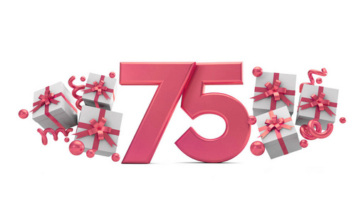 号码75粉红色生日庆祝号码与礼品盒。 3D渲染