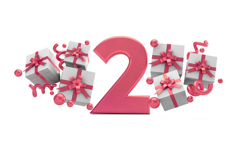 数字2粉红色生日庆祝号码与礼品盒。 3D渲染