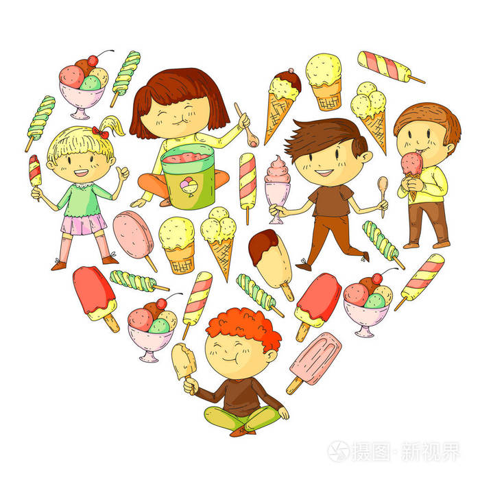 小孩子吃冰淇淋给孩子们的甜草莓糖美味的香草橘子猕猴桃甜点