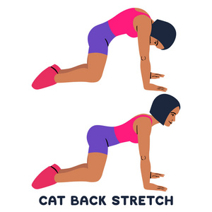猫背部伸展。 向后的骆驼伸展。 体育锻炼。 女人做运动的剪影。 训练矢量图