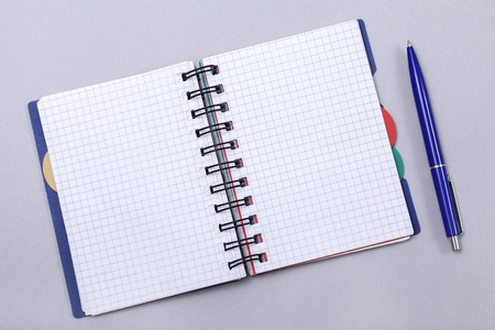 头顶照片的一个开放的日记笔记本与钢笔顶部查看日记在灰色背景与一个地方的文本。
