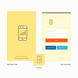 公司智能手机飞溅屏幕和登录页面设计与标志模板。 移动在线业务模板