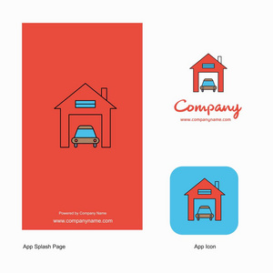房屋车库公司标志应用图标和飞溅页面设计。创意商业应用程序设计