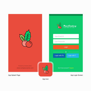 公司樱桃飞溅屏幕和登录页面设计与标志模板。 移动在线业务模板