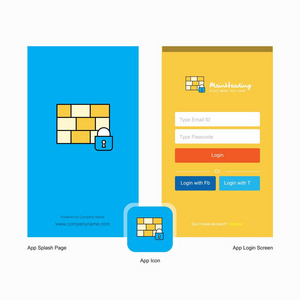 公司防火墙保护飞溅屏幕和登录页面设计与标志模板。 移动在线业务模板