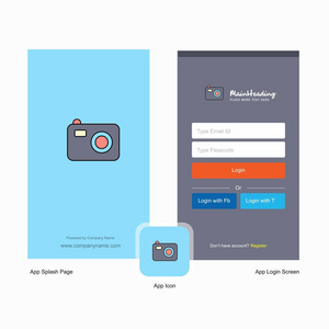 公司相机飞溅屏幕和登录页面设计与标志模板。 移动在线业务模板