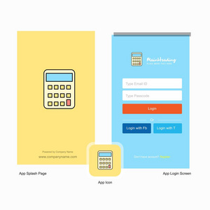 公司计算器飞溅屏幕和登录页面设计与标志模板。 移动在线业务模板