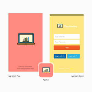 公司笔记本电脑飞溅屏幕和登录页面设计与标志模板。 移动在线业务模板
