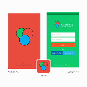公司圆圈飞溅屏幕和登录页面设计与标志模板。 移动在线业务模板