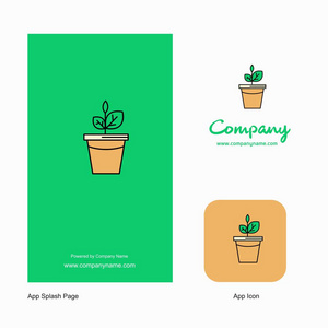 植物盆栽公司标志应用图标和飞溅页面设计。 创意商业应用程序设计元素