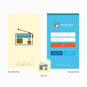 公司收音机飞溅屏幕和登录页面设计与标志模板。 移动在线业务模板