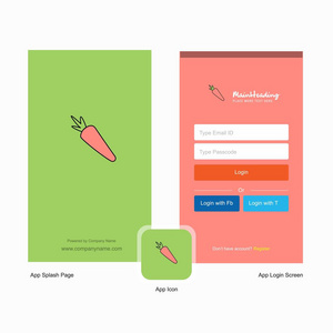 公司胡萝卜飞溅屏幕和登录页面设计与标志模板。 移动在线业务模板