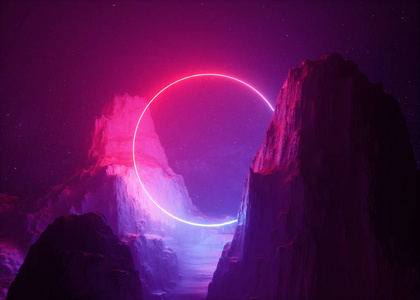 三维渲染抽象背景宇宙景观圆形门户粉红色蓝色霓虹灯虚拟现实能量源发光圆形框架暗空间紫外光谱激光环形岩石地面