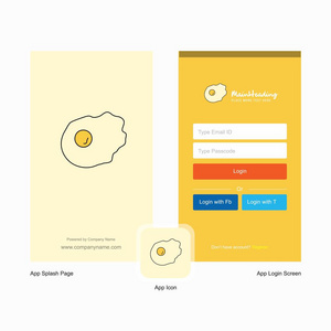 公司煎蛋飞溅屏幕和登录页面设计与标志模板。 移动在线业务模板