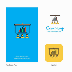 演示公司标志应用程序图标和飞溅页面设计。 创意商业应用程序设计元素