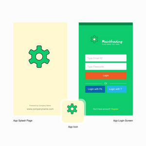 公司设置齿轮飞溅屏幕和登录页面设计与标志模板。 移动在线业务模板