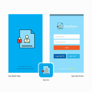 公司保护文档飞溅屏幕和登录页面设计与标志模板。 移动在线业务模板