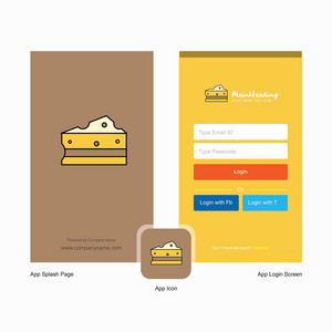 公司奶酪飞溅屏幕和登录页面设计与标志模板。 移动在线业务模板