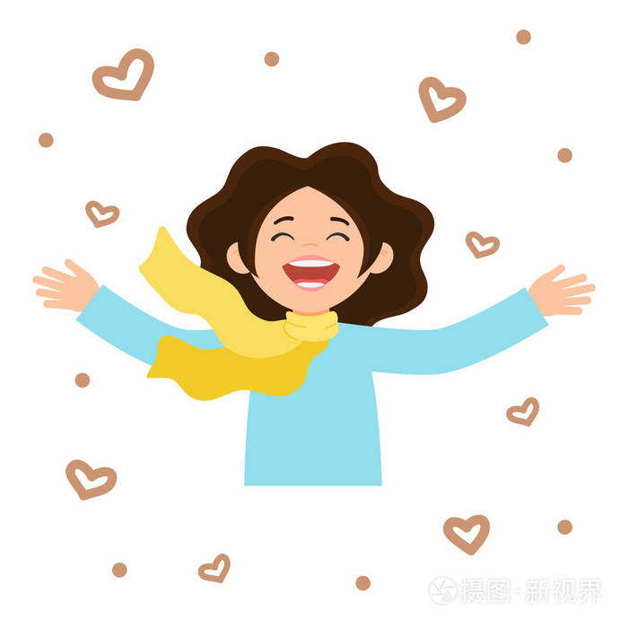 幸福的女人被心包围.快乐的女孩广泛地把手伸到一旁, 高兴地微笑着