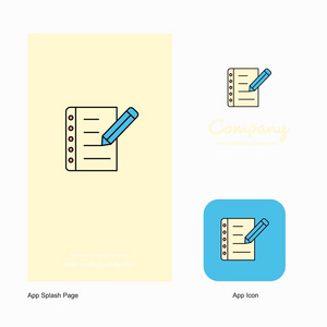 写在笔记公司标志应用图标和飞溅页面设计。 创意商业应用程序设计元素