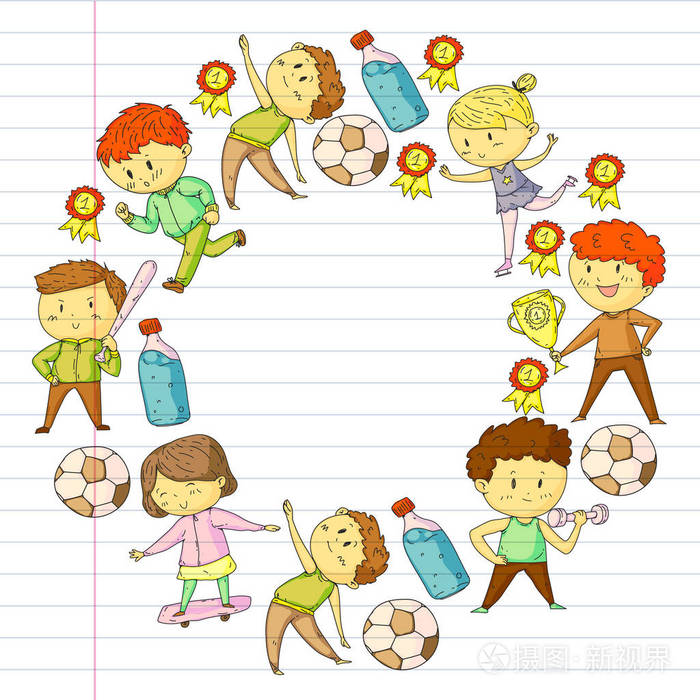 儿童体育比赛.年轻的运动员踢足球, 足球, 棒球, 篮球.男孩和女孩跑.