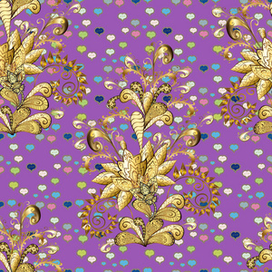 经典矢量金色无缝图案。 花卉装饰锦缎纺织图案玻璃金属与花卉图案的紫罗兰和黄色与黄金元素。