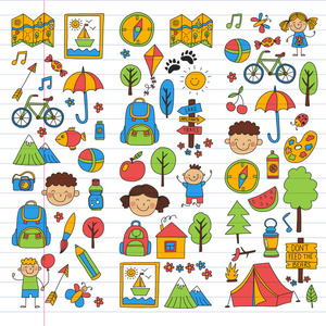 矢量集野营, 徒步图标为小孩子。学校和幼儿园儿童假期