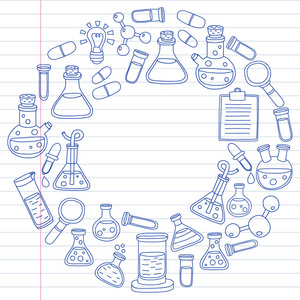 化学的向量集合, 科学图标。带有实验室设备图像的图案