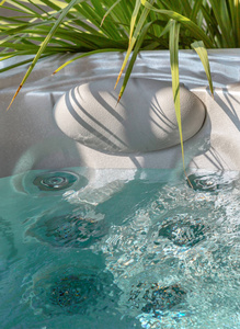 装饰有装饰性植物的按摩浴缸，唤起一种平静和轻松的氛围，有利于放松。