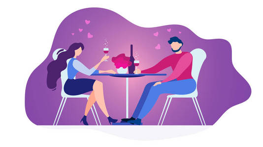浪漫约会在餐厅平面矢量概念孤立的白色背景。一对相爱的夫妇坐在咖啡馆的餐桌上喝着葡萄酒庆祝周年纪念插图。情人节约会