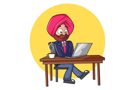 矢量卡通插图。 旁遮普人在笔记本电脑上工作。 孤立在白色背景上。